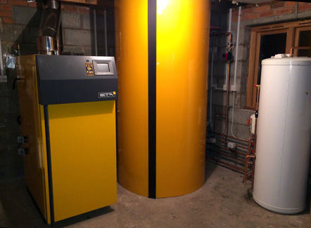 Biomass log burning boiler, buffer tank and cylinder installation