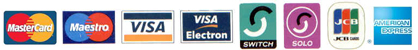 Logos - Mastercard, Maestro, Visa, Visa Electron, Switch, Solo, JCB, American Express