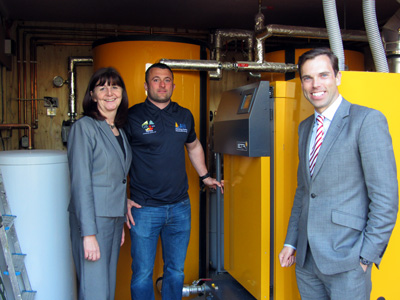 Ken Skates Am and Lesley Griffiths AM take a look round the new biomass boiler recently installed at Tower Hill Barns during the Open Day launch event Ken Skates Am and Lesley Griffiths AM take a look round the new biomass boiler recently installed at Tower Hill Barns during the Open Day launch event